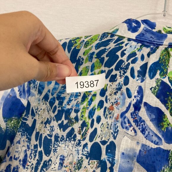 Alberto Makali Blue Green Abstract Artsy 100% Linen Button Down Large Resort - Picture 10 of 10